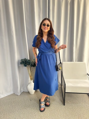İndigo Mavisi Aerobin Kumaş Kuşaklı Elbise