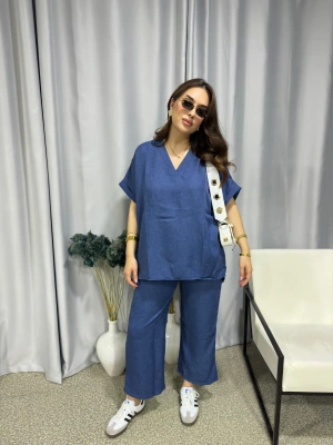 İndigo Mavisi Keten Takım