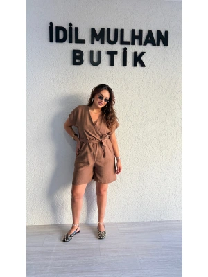 Kahverengi Keten Aerobin Şortlu Tulum