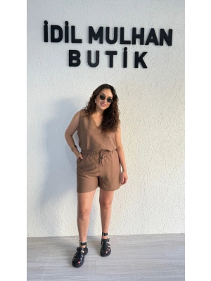 Kahverengi Keten Şortlu Takım