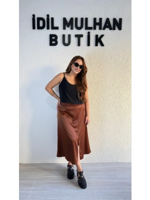 Kahverengi Yüksek Bel Saten Etek