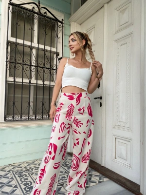 Kırmızı Desenli Yüksek Bel Keten Pantolon