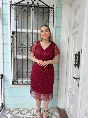 Kırmızı Midi Boy Örümcek Payet Elbise