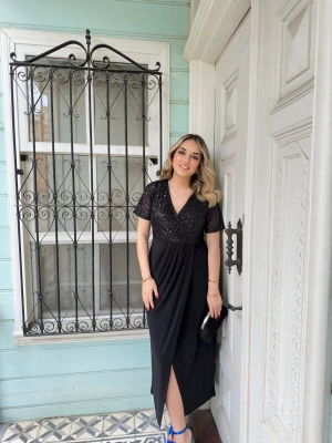 Kısa Kollu Payetli Büyük Beden Elbise