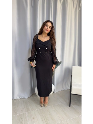 Kollar İşlemeli Düğme Detaylı Elbise