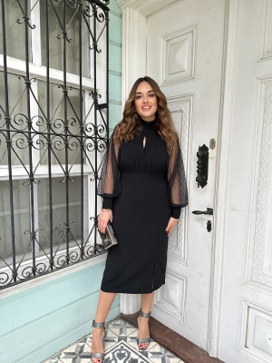 Kolları Tül Puantiyeli Midi Boy Siyah Elbise