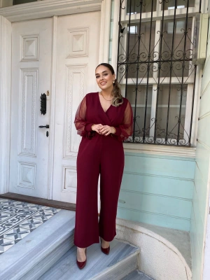 Kolları Tüllü Bordo Tulum