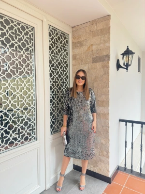 Komple Payetli Gümüş Premium Abiye