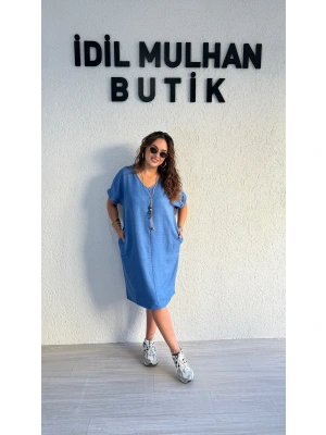 Kot Rengi Kolyeli Keten Elbise