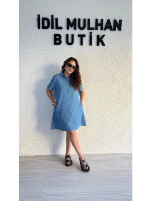 Buz Mavi Kot Rengi Polo Yaka Elbise