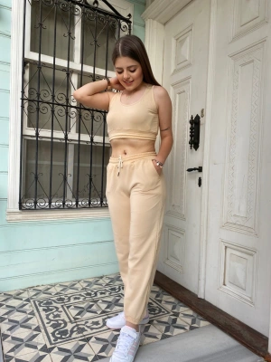 Krem Crop Eşofman Takım