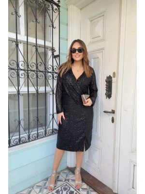 Kruvaze Kesim Siyah Komple Payetli Elbise