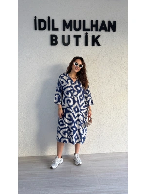 Lacivert Batik Desenli Elbise