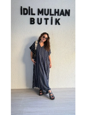 Siyah Dikey Şeritli Pamuk Elbise