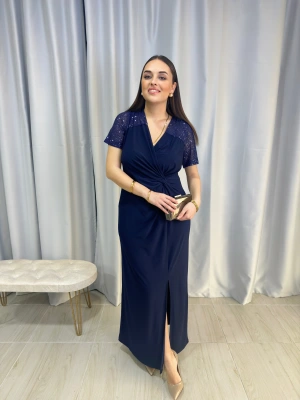 Lacivert Kollar Payetli Maxi Boy Elbise