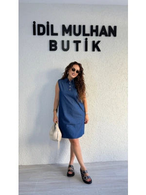 Lacivert Kolsuz Düğmeli Kot Elbise