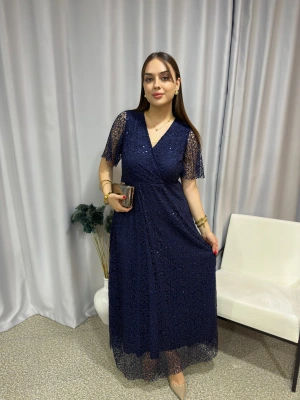 Lacivert Örümcek Payet Büyük Beden Elbise