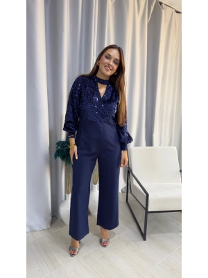 Lacivert Payetli Boyun Detaylı Tulum