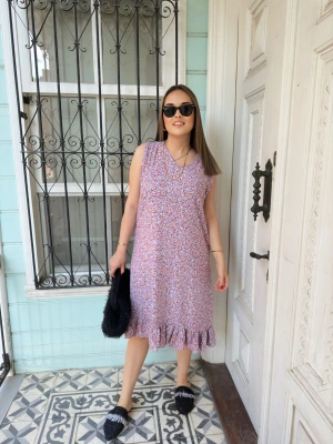 Lila Çiçek Desenli Elbise