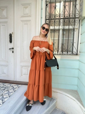 Madonna Yaka Katlı Turuncu Büyük Beden Elbise