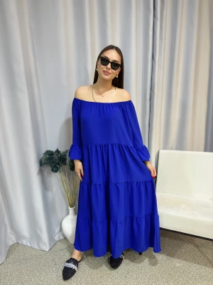 Madonna Yaka Katlı Saks Mavisi Elbise