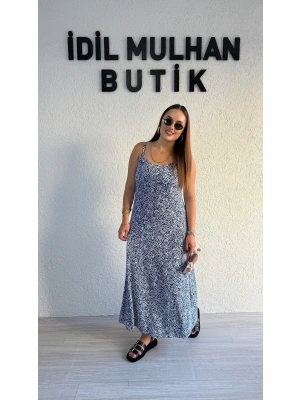 Mavi Beyaz Desenli Askılı Pamuk Elbise