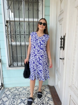 Mavi Yaprak Desenli Elbise