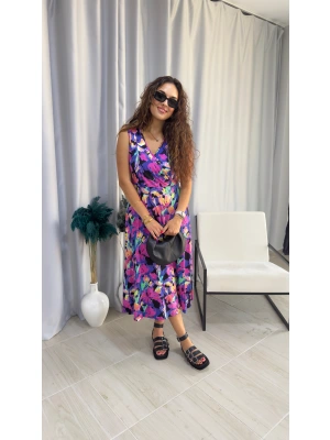 Mor Çiçek Desenli Elbise