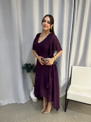 Mürdüm Kısa Kollu Fırfır Detaylı Maxi Boy Elbise