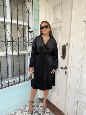 Parlak Midi Boy Kadife Elbise