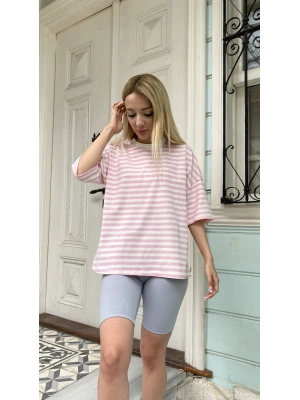 Pembe Çizgili Oversize T-Shirt