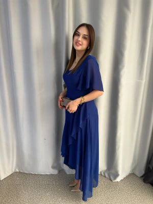 Saks Mavisi Kısa Kollu Fırfır Detaylı Maxi Boy Elbise