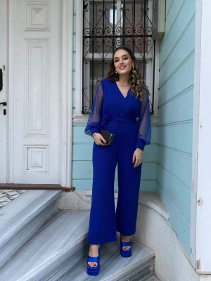 Saks Mavisi Kolları Tüllü Tulum