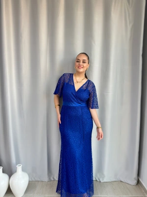 Saks Mavisi Örümcek Dantel Kumaş Elbise