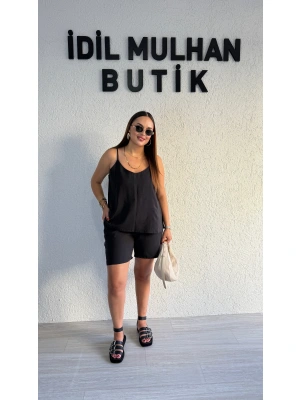 Siyah Askılı Şortlu Tensel Takım
