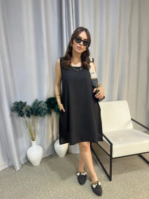 Siyah Bambu Keten Elbise