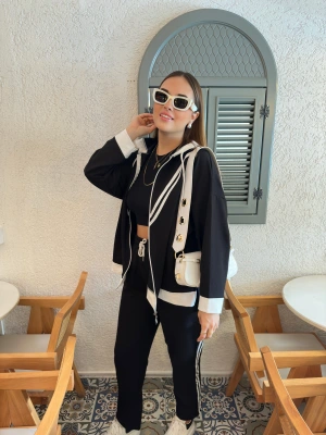 Siyah Beyaz Çizgili Büyük Beden Takım