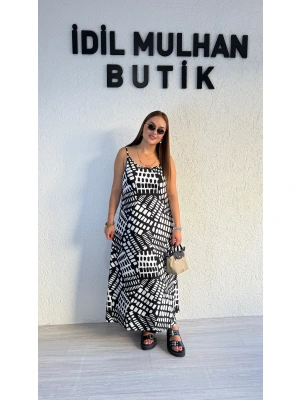 Siyah Beyaz Desenli Askılı Pamuk Elbise