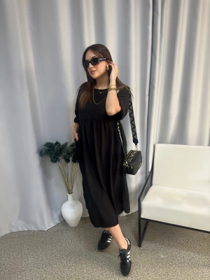 Siyah Cepli Keten Elbise