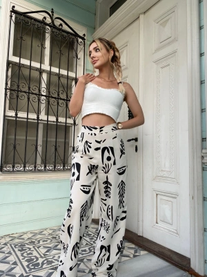 Siyah Desenli Yüksek Bel Keten Pantolon