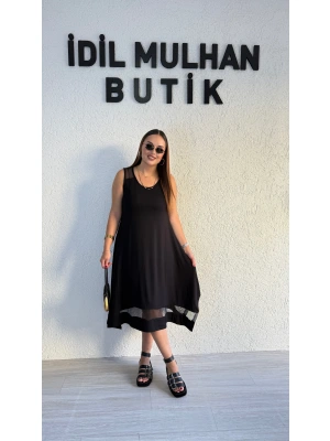 Siyah File Detaylı Kolsuz Sandy Elbise