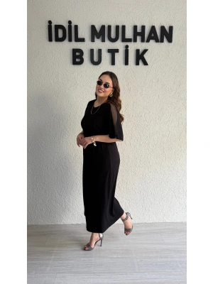 Siyah File Detaylı Sandy Elbise