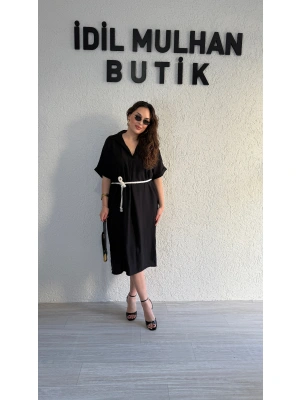 Siyah Kemer Detaylı Tensel Elbise