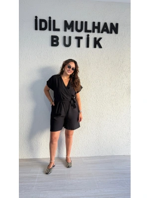 Siyah Keten Aerobin Şortlu Tulum