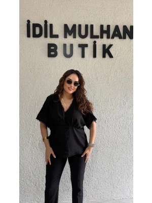 Siyah Keten İşlemeli Bluz