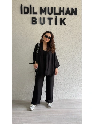 Siyah Keten Kimono Takım