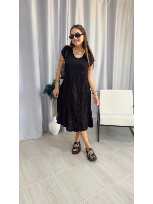 Siyah Kırışık Kumaş Elbise