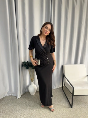 Siyah Kısa Kol Saten Yaka Düğmeli Elbise