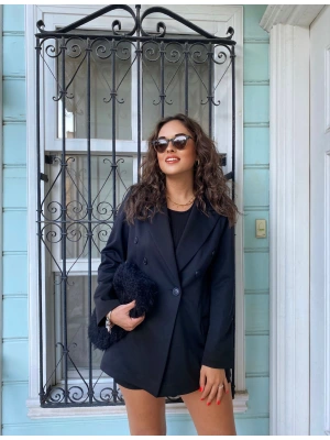 Siyah Kruvaze Yaka Blazer Ceket