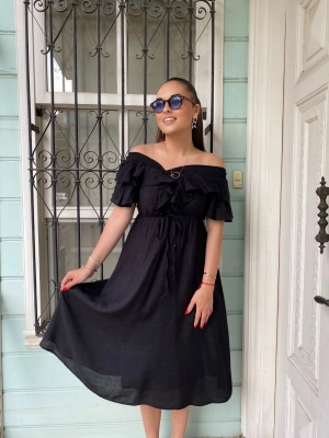 Siyah Omuzu Valonlu Romantik Keten Elbise